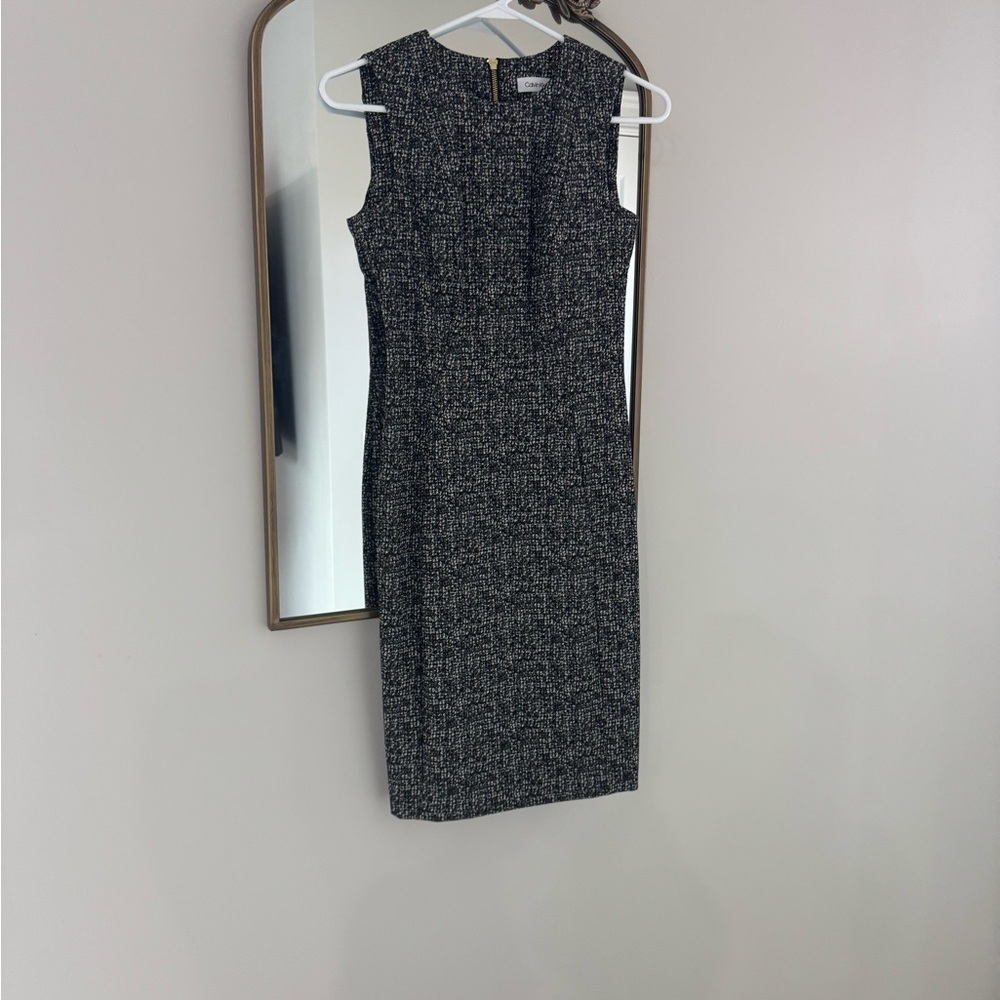 Calvin Klein Black, White, Green, Gold Tweed Midi Dress